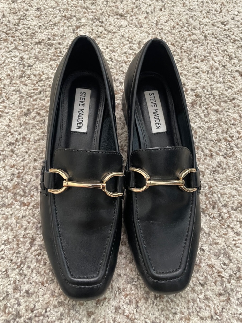 Steve Madden Black Leather Loafers with Gold Horsebit Accent